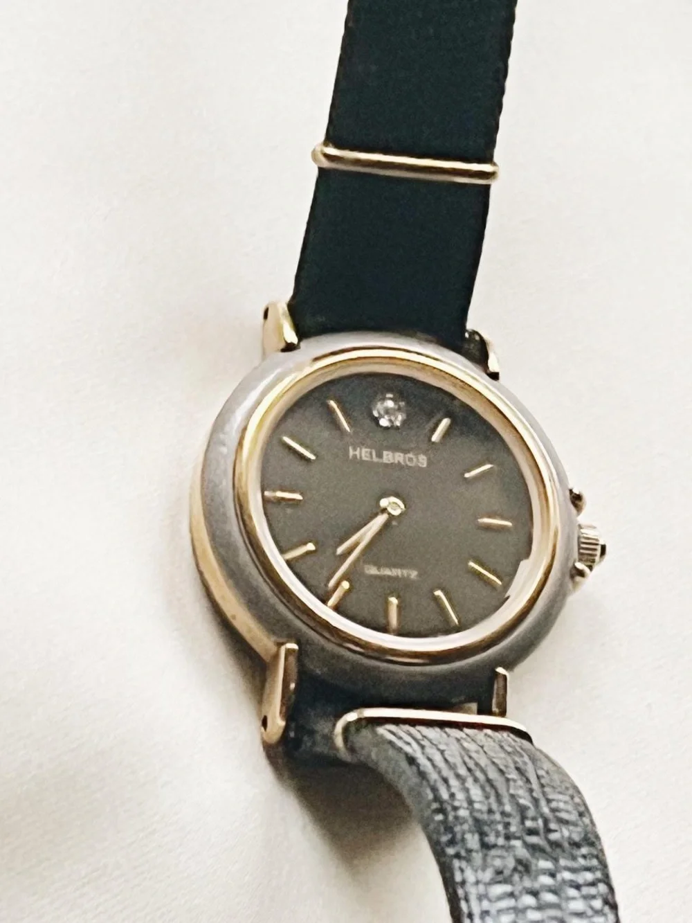 Timeless Vintage Helbros Black Leather Women's Wristwatch - Gold Accents